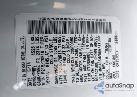 2014 Nissan Rogue Select S z USA, uszkodzony, nr VIN JN8AS5MV5EW711090